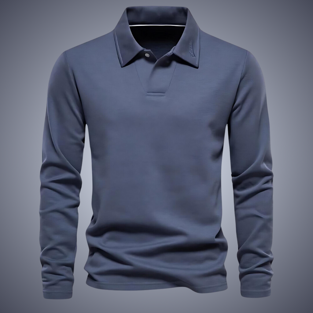Polo bleu marine à manches longues pour homme, élégant et moderne, idéal pour la mode masculine automne-hiver. Tissu doux et confortable.