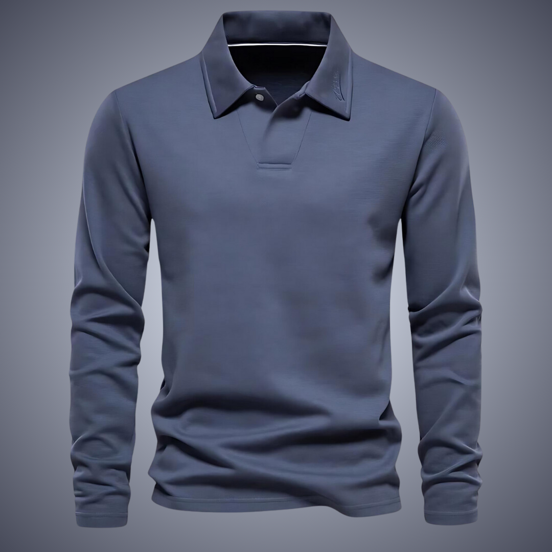 Polo bleu marine à manches longues pour homme, élégant et moderne, idéal pour la mode masculine automne-hiver. Tissu doux et confortable.