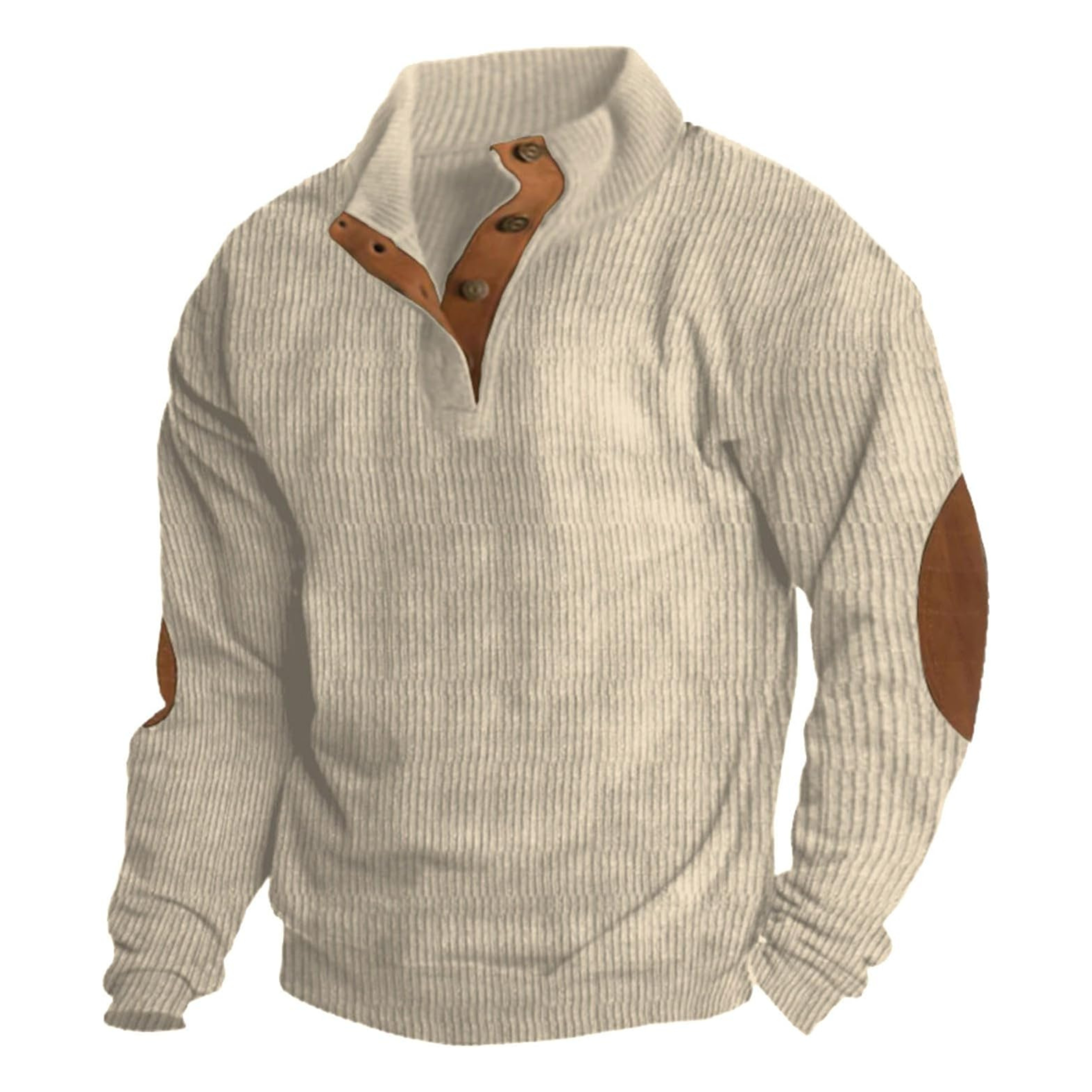 Pull-over en laine beige avec col boutonné et coudières en cuir marron, style décontracté et élégant, idéal pour l'hiver et la mode masculine.