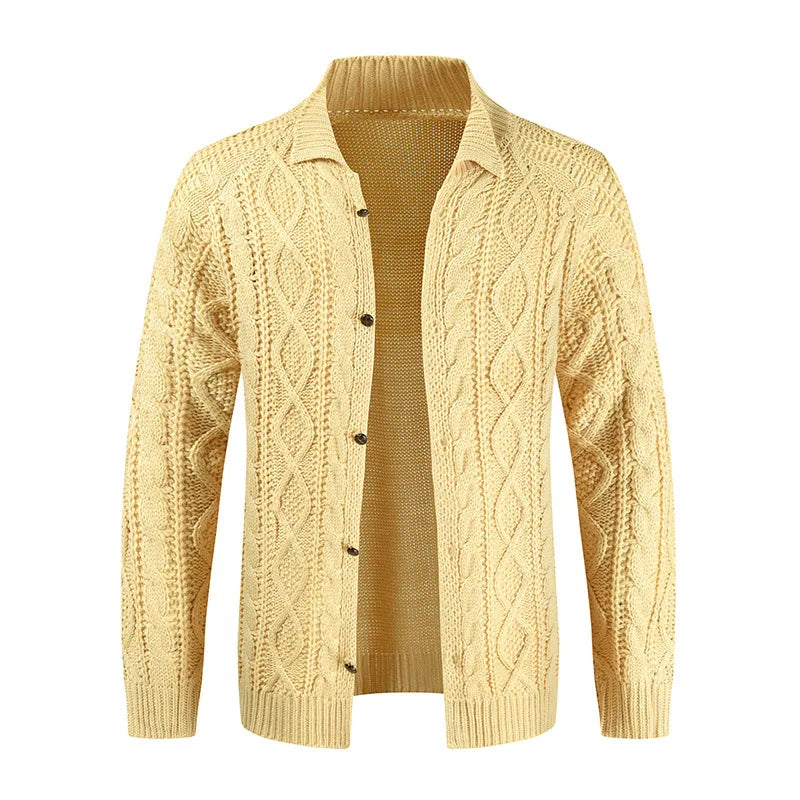 Cardigan en maille torsadée jaune pour homme, style classique avec boutons, col chemise, idéal pour l'automne et l'hiver. Mode élégante et confortable.