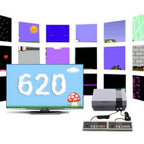 Console de jeu rétro avec manettes et écran affichant "620", entourée de captures d'écran de jeux vidéo classiques. Console NES, jeux rétro.
