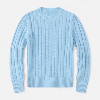 Pull en laine torsadée bleu clair, manches longues, col rond. Style classique et élégant, idéal pour l'hiver. Mode homme, vêtement chaud.