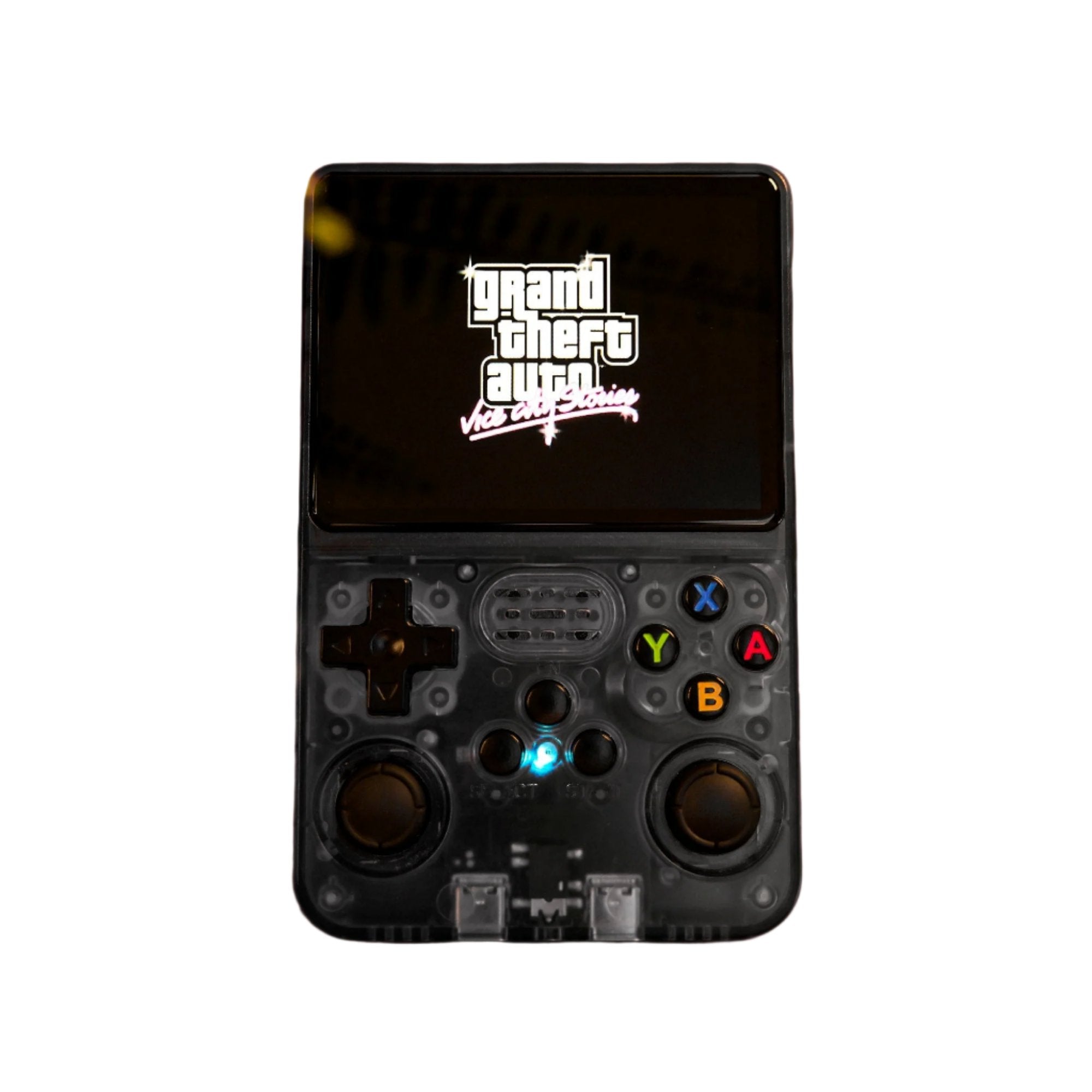 Console de jeu portable rétro avec écran affichant "Grand Theft Auto: Vice City". Boutons colorés et design transparent. Accessoire gaming vintage.