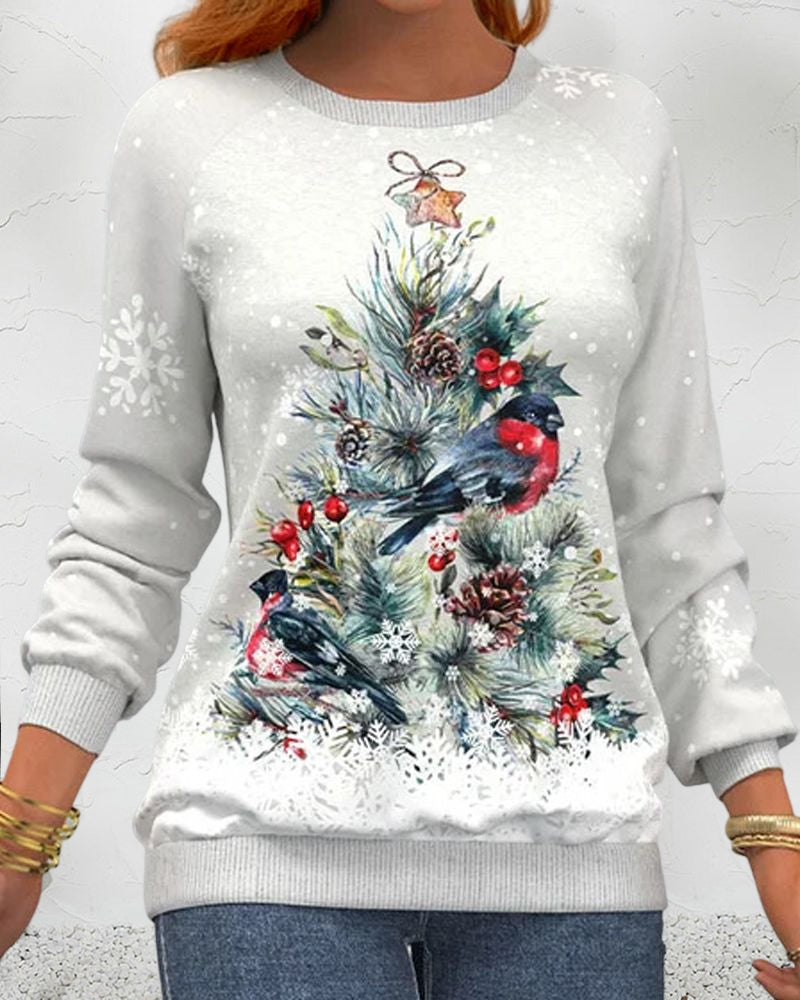 Sweat à manches longues avec motif de sapin de Noël et impression d'oiseaux et de flocons de neige