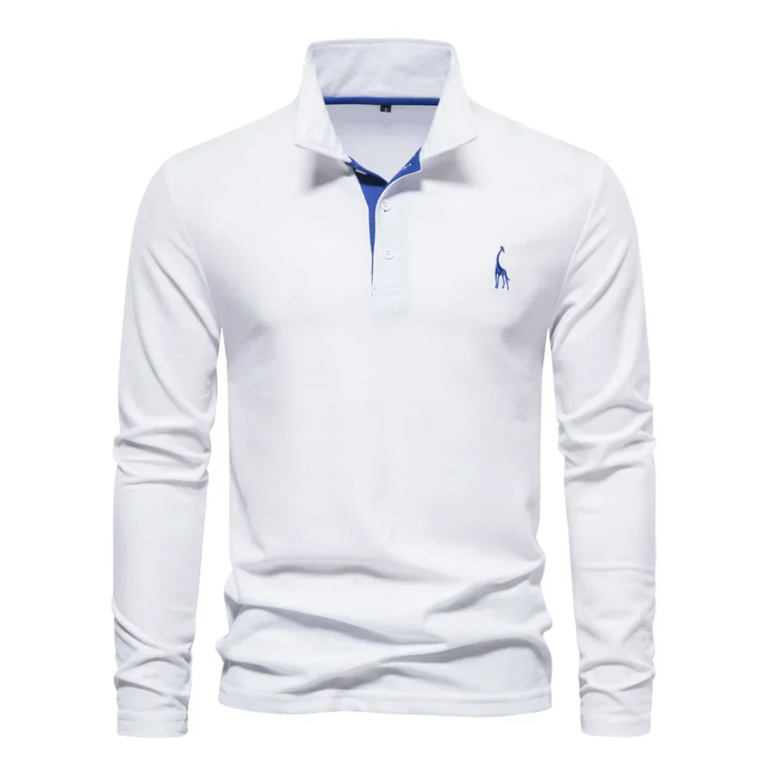 Polo blanc à manches longues pour homme avec logo brodé, col boutonné, style élégant et décontracté, idéal pour mode masculine et tenue quotidienne.