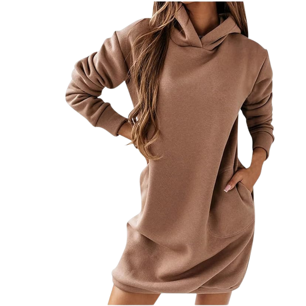 Robe pull à capuche marron pour femme, manches longues, style décontracté, mode automne-hiver, confortable et tendance, avec poches.
