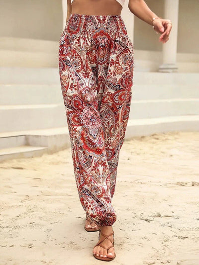 Pantalones harén para mujer - Estampado de elefante bohemio - Corte holgado - Cintura y puños elásticos