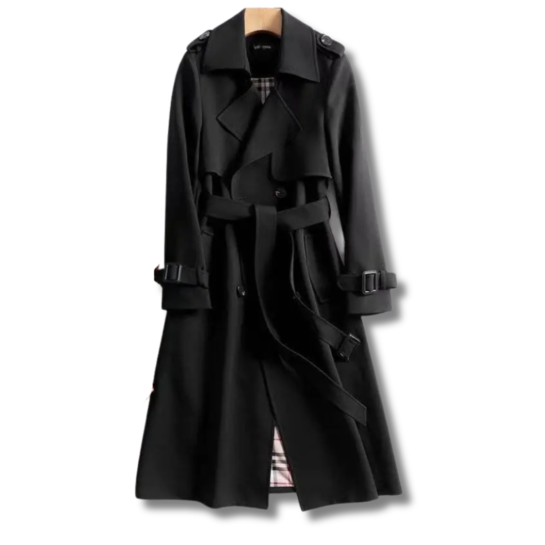 Trench-coat noir élégant pour femme avec ceinture, boutons décoratifs et doublure à carreaux. Mode automne-hiver, style classique intemporel.