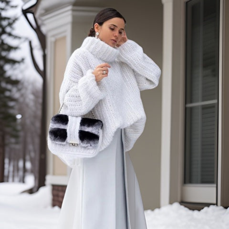 Femme élégante en pull blanc oversize et jupe grise, tenant un sac à main en fourrure noir et blanc, posant devant une maison en hiver.