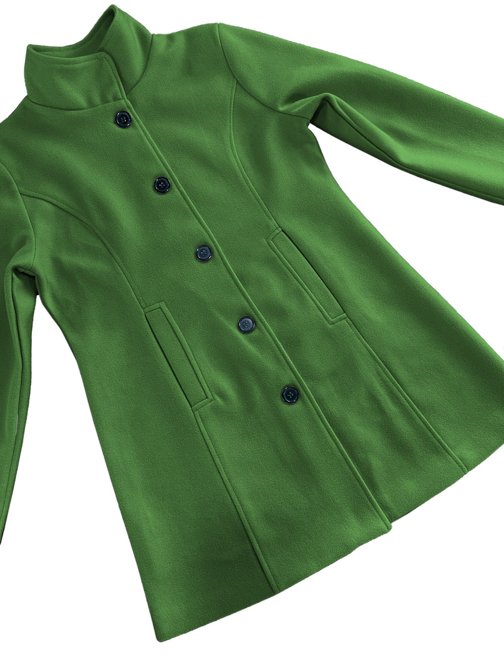 Manteau vert femme élégant, coupe ajustée, col montant, boutons noirs, poches latérales. Mode automne-hiver, vêtement tendance et chic.
