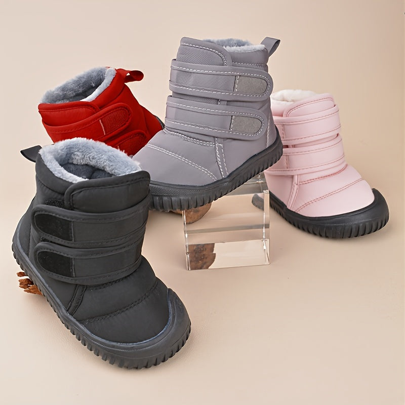 Bottes d'hiver pour enfants en noir, gris, rose et rouge, avec doublure en fourrure et fermeture à scratch, sur fond beige. Chaussures chaudes et confortables.