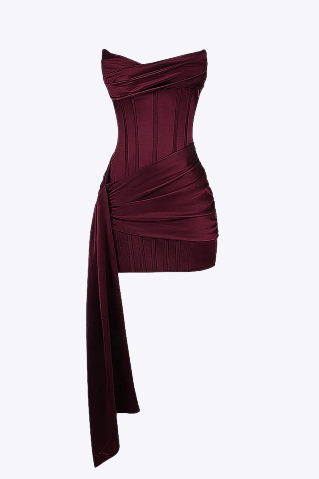 Robe bustier bordeaux élégante, drapée et asymétrique, idéale pour soirées. Style moderne et chic, tissu satiné, coupe ajustée.