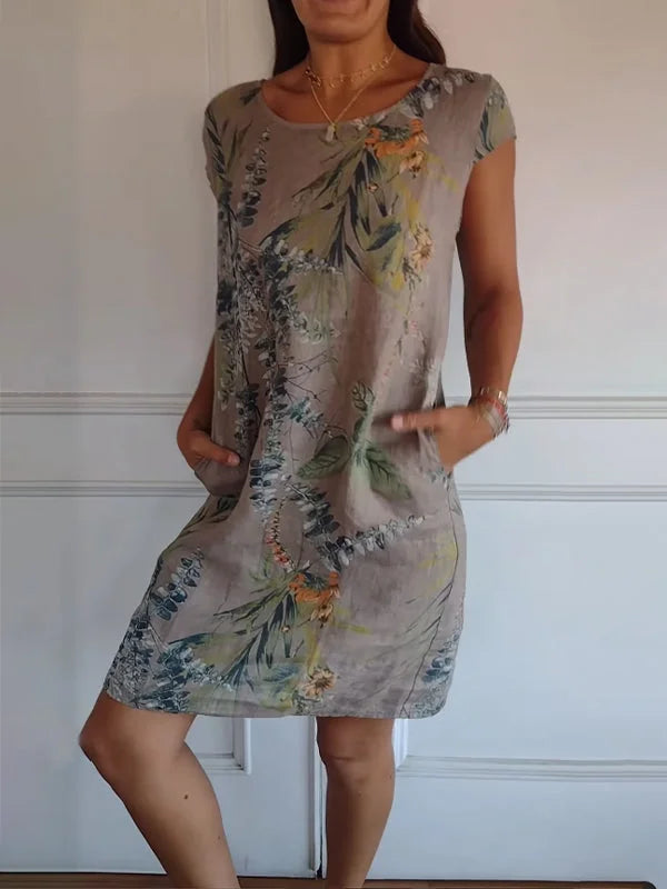 Elisabeth - Vestido de mujer de algodón y lino con cuello redondo
