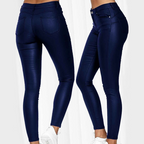 Pantalon skinny bleu marine pour femme, taille haute, effet cuir, avec poches arrière, idéal pour un look moderne et tendance.