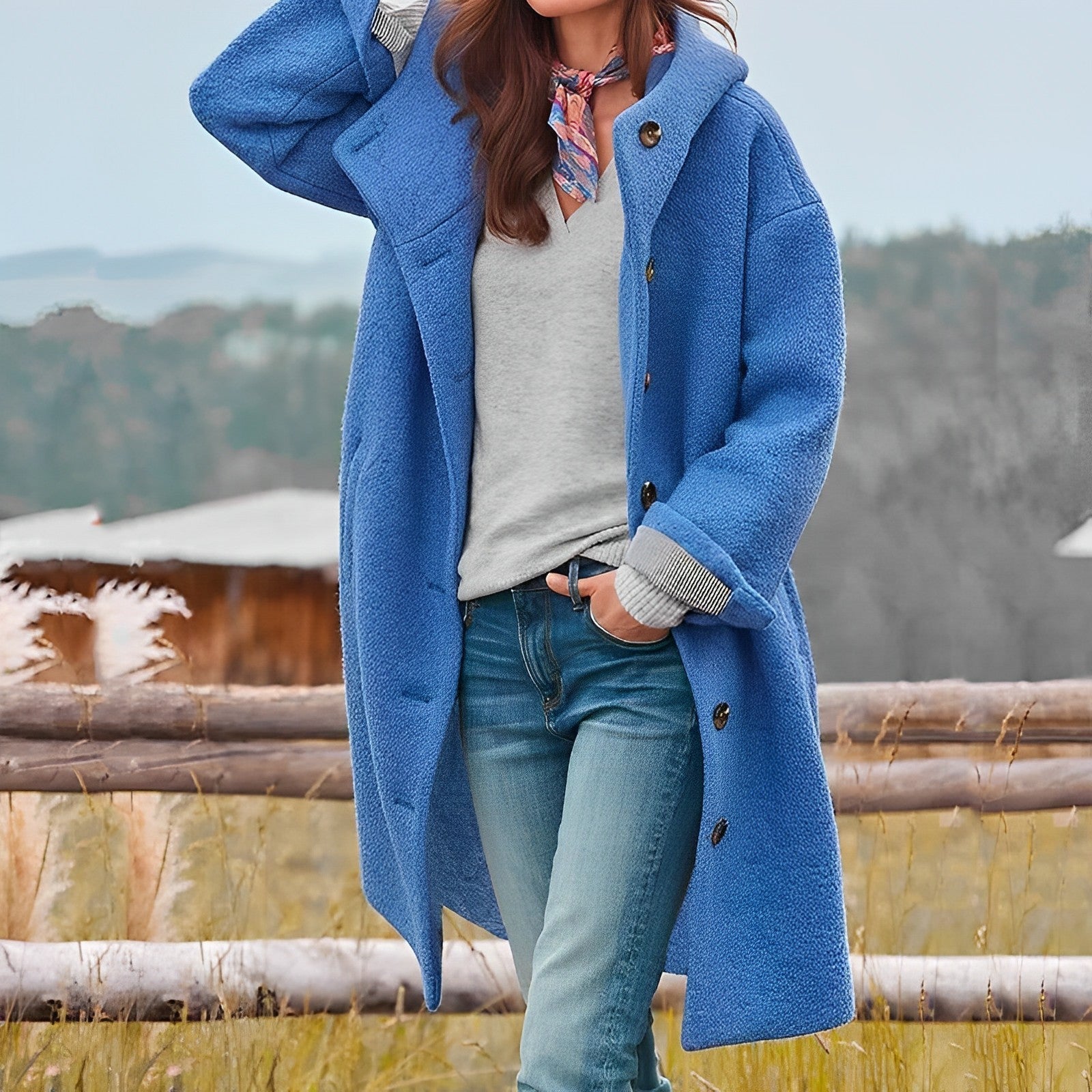 Femme portant un manteau bleu en laine, écharpe colorée, pull gris et jeans, posant devant une clôture en bois dans un paysage champêtre.