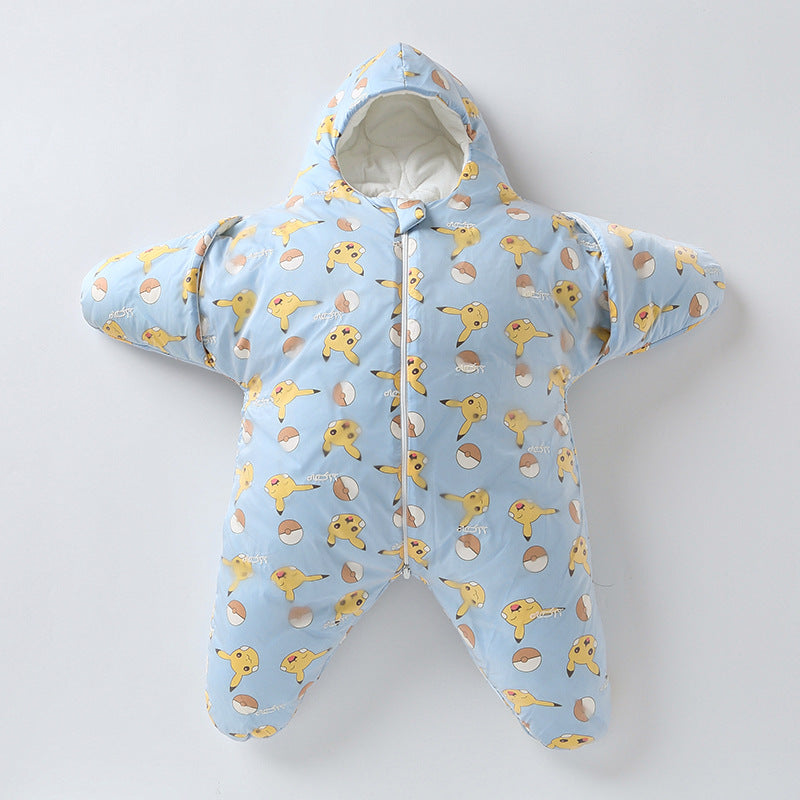 Combinaison bébé étoile bleue avec motifs Pikachu et Pokéball, idéale pour l'hiver. Vêtement chaud, mignon et confortable pour nouveau-né.