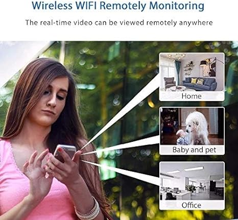 Femme utilisant smartphone pour surveillance WiFi à distance; images d'intérieur maison, bébé et animal, bureau. Sécurité, technologie, maison connectée.