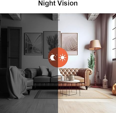 Salon moderne avec canapé en cuir, table basse, lampadaire et cadres muraux. Comparaison vision nocturne et diurne, ambiance chaleureuse.