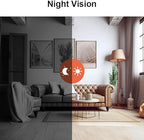 Salon moderne avec canapé en cuir, table basse, lampadaire et cadres muraux. Comparaison vision nocturne et diurne, ambiance chaleureuse.