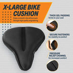 Coussin de vélo extra-large noir avec rembourrage en gel épais, attaches sécurisées et canal de décharge de pression pour confort et stabilité.