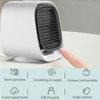 Ventilateur de bureau compact et portable, blanc, avec commande tactile. Fonctionnement silencieux, alimentation USB, rotation d'angle, 3 vitesses.