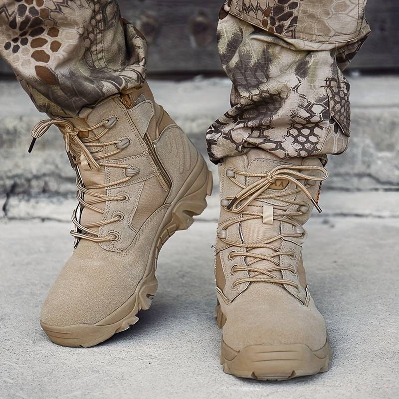 Bottes tactiques beige robustes avec lacets, portées avec un pantalon camouflage. Chaussures militaires résistantes pour activités extérieures.