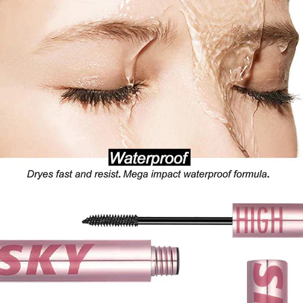 Femme avec mascara waterproof, yeux fermés sous l'eau. Texte: "Waterproof". Tube de mascara rose en bas. Maquillage résistant à l'eau.