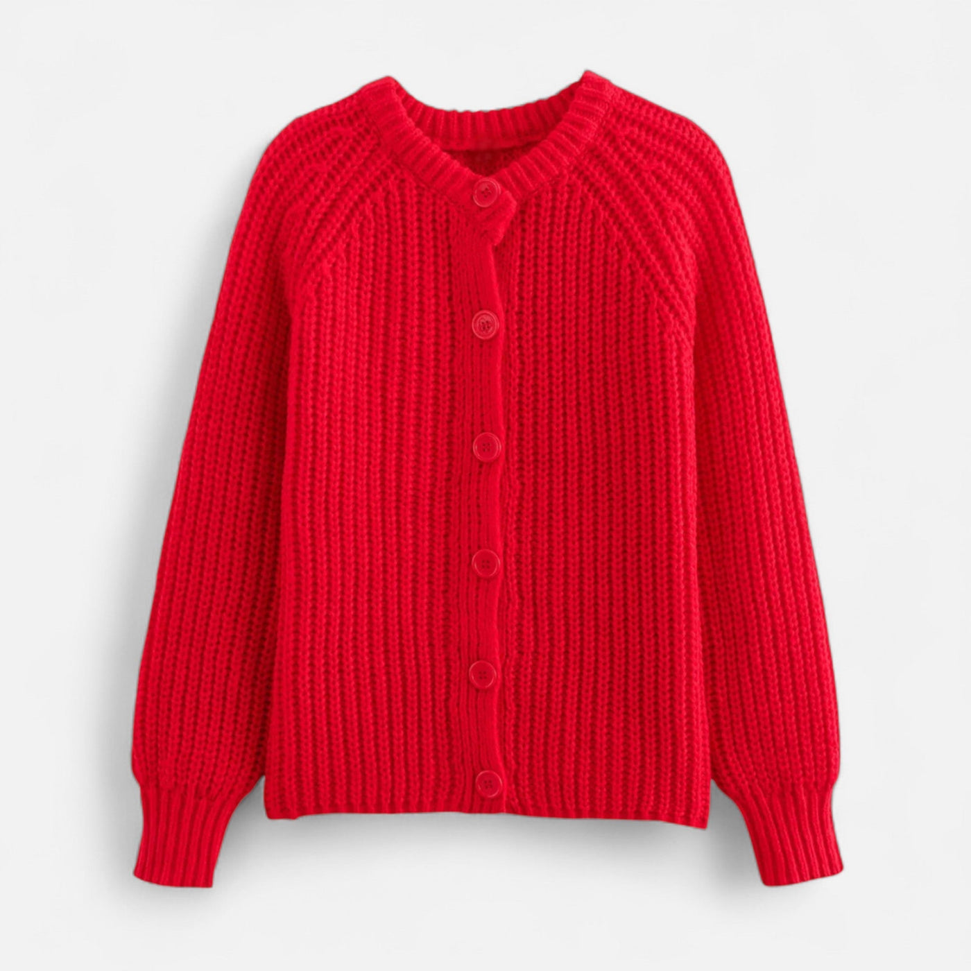 Gilet rouge en tricot épais avec boutons, manches longues et col rond. Mode automne-hiver, vêtement chaud et confortable pour femmes.