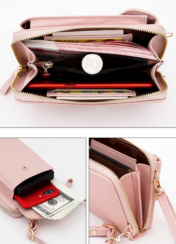 Portefeuille rose en cuir avec fermetures éclair dorées, compartiments pour billets, pièces, cartes et smartphone rouge. Accessoire mode pratique et élégant.