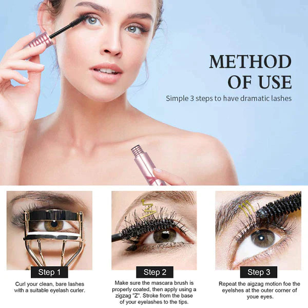 Femme appliquant du mascara avec brosse, instructions en trois étapes pour des cils volumineux, recourbe-cils, maquillage yeux, beauté.