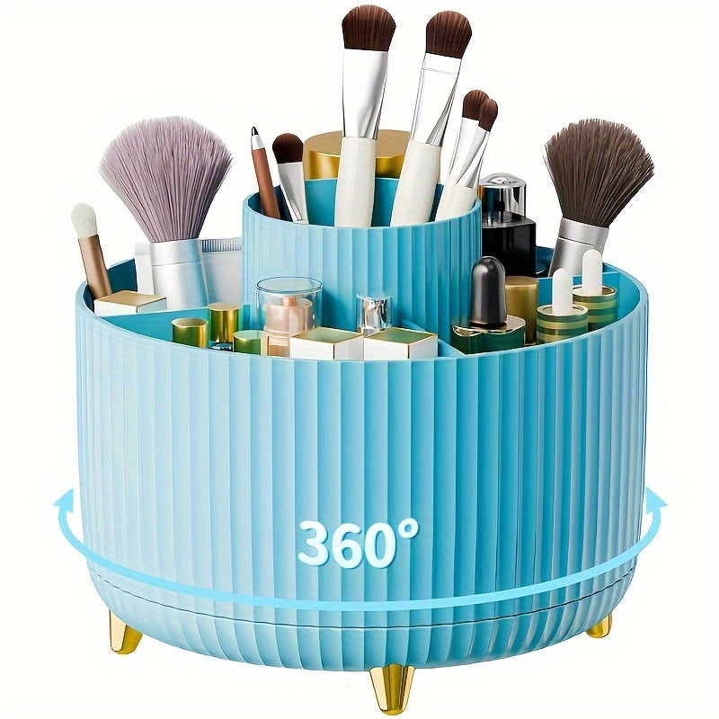 Organisateur rotatif bleu à 360° pour maquillage, avec pinceaux, rouges à lèvres et produits cosmétiques, idéal pour rangement de beauté.