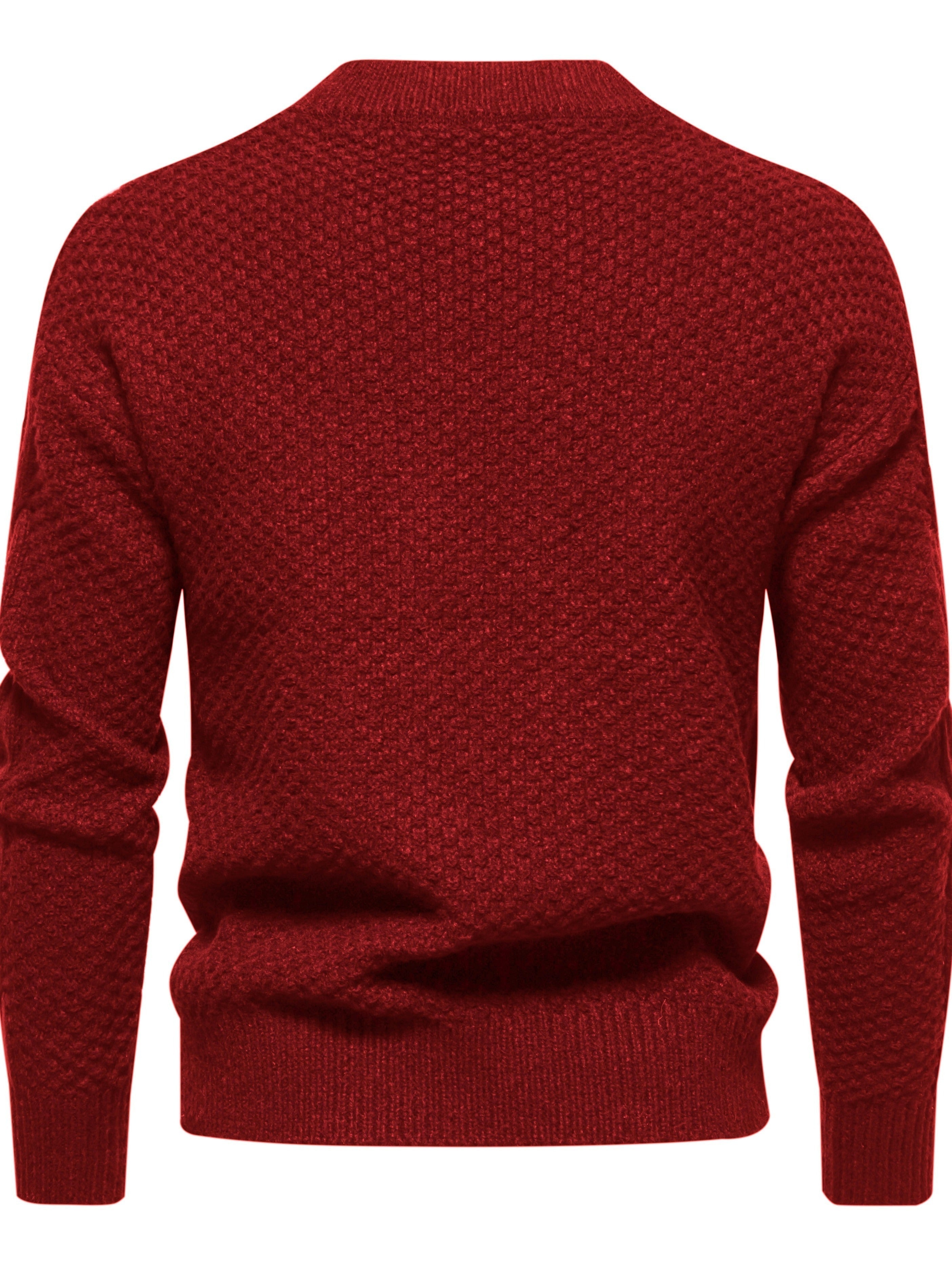 Pull rouge en laine texturée, manches longues, col rond. Design élégant et chaud, idéal pour l'hiver. Mode homme, vêtement confortable.