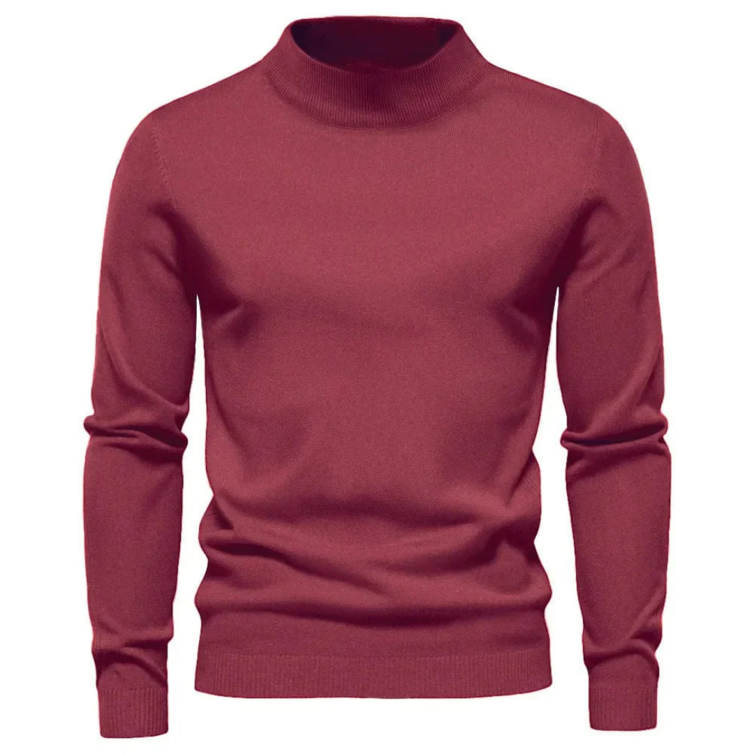 Pull col montant rouge bordeaux pour homme, manches longues, style élégant et moderne, idéal pour l'automne et l'hiver, mode masculine tendance.