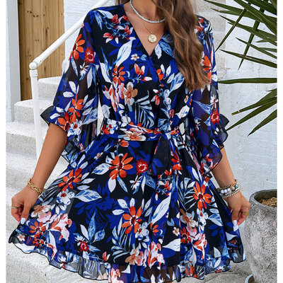 Vestido floral con escote en V y mangas acampanadas para mujer | Mini