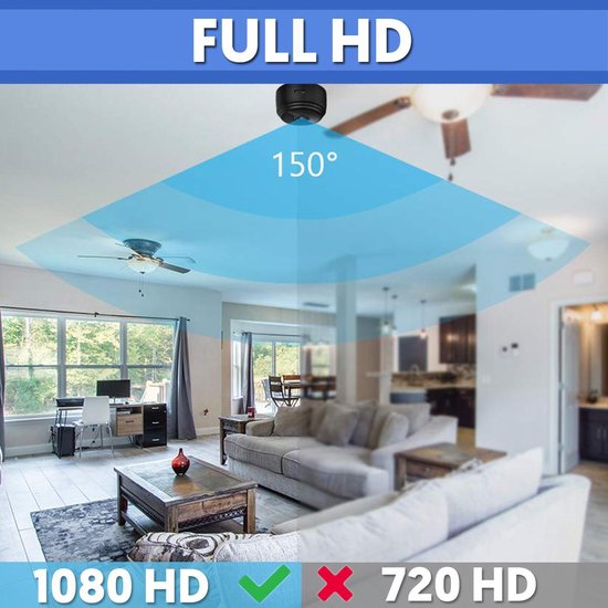 Caméra de sécurité intérieure Full HD 1080p, angle de vision 150°, surveillance maison, salon moderne, qualité vidéo supérieure, protection domicile.