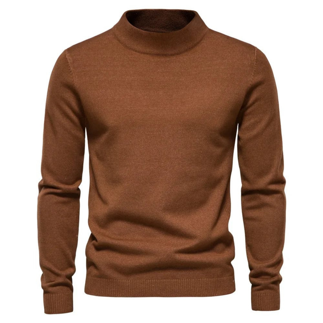 Pull-over marron en laine pour homme, col roulé, manches longues, style élégant et moderne, idéal pour l'automne et l'hiver. Mode masculine.