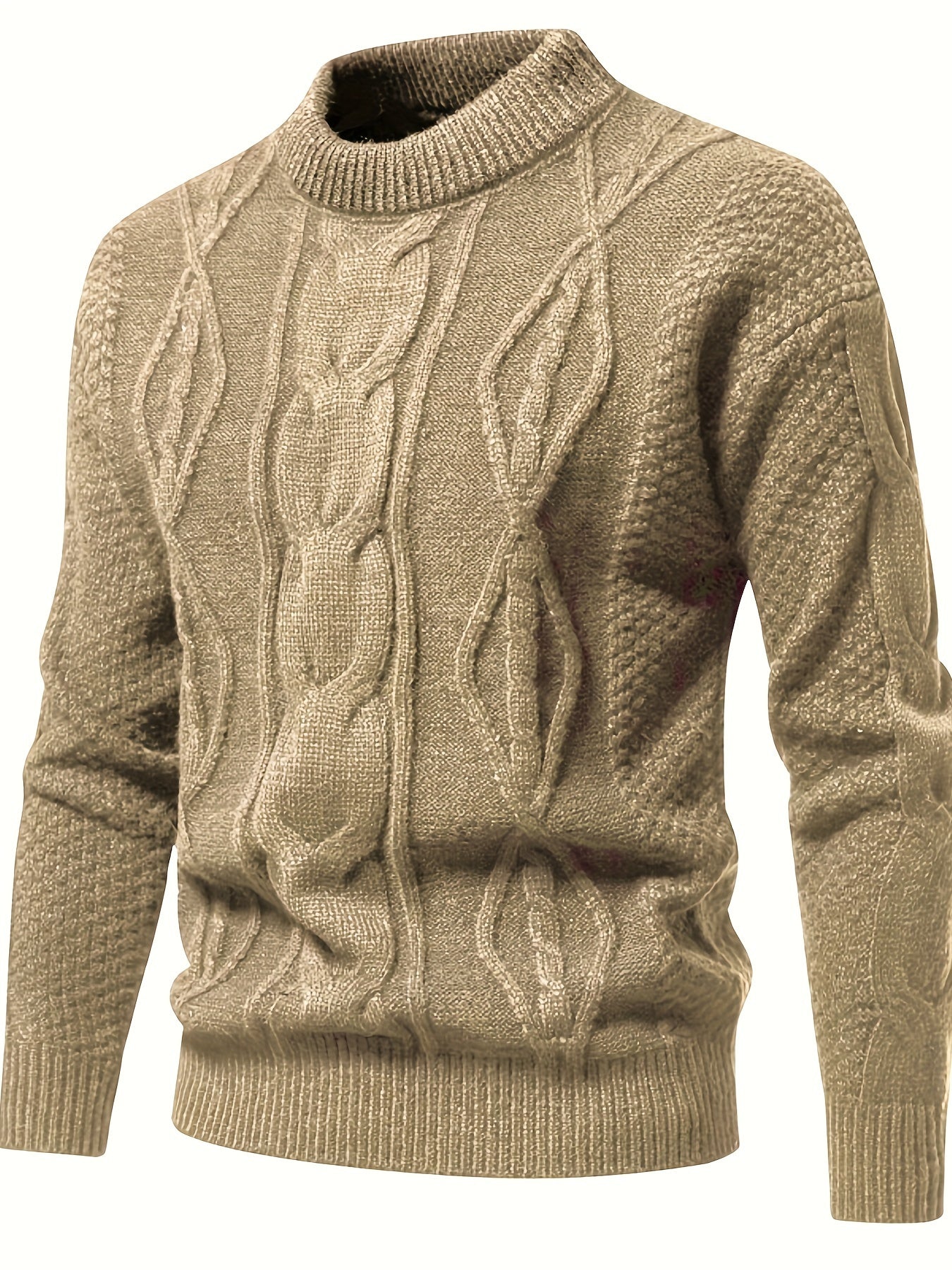 Pull en laine beige avec motif torsadé, col rond, manches longues. Style élégant et chaud, idéal pour l'hiver. Mode homme tendance.