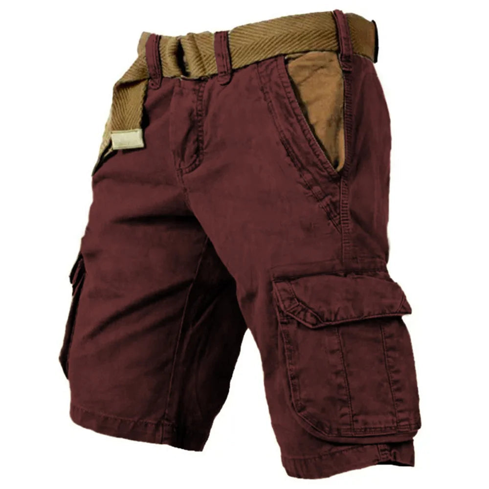 Short cargo marron pour homme avec ceinture beige, poches latérales spacieuses, style décontracté. Idéal pour l'été et les activités en plein air.