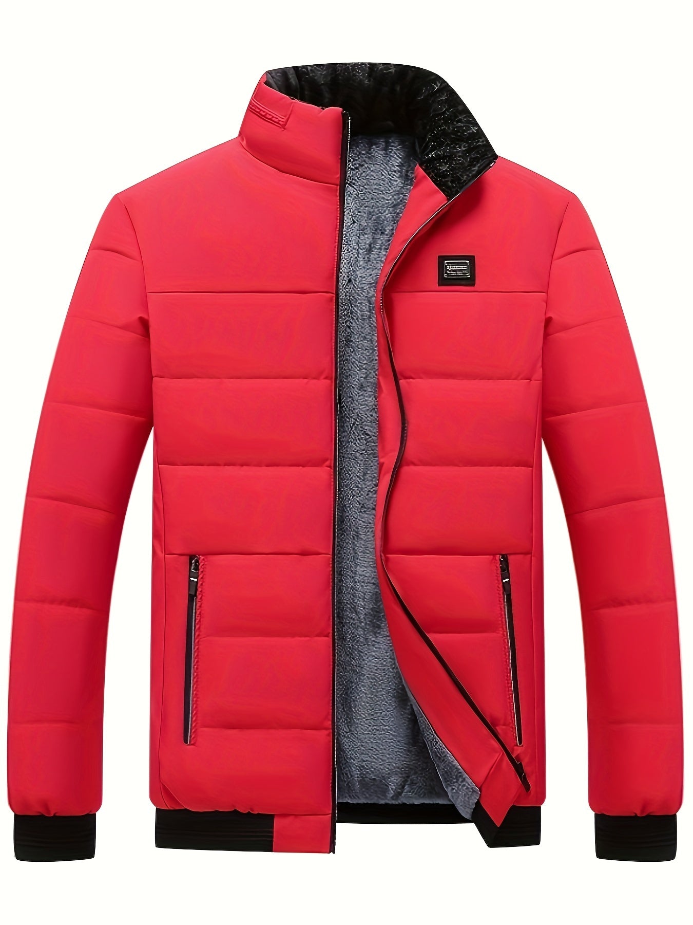 Veste matelassée rouge pour homme, doublure en polaire, fermeture éclair, poches zippées, style moderne et chaud, idéale pour l'hiver.