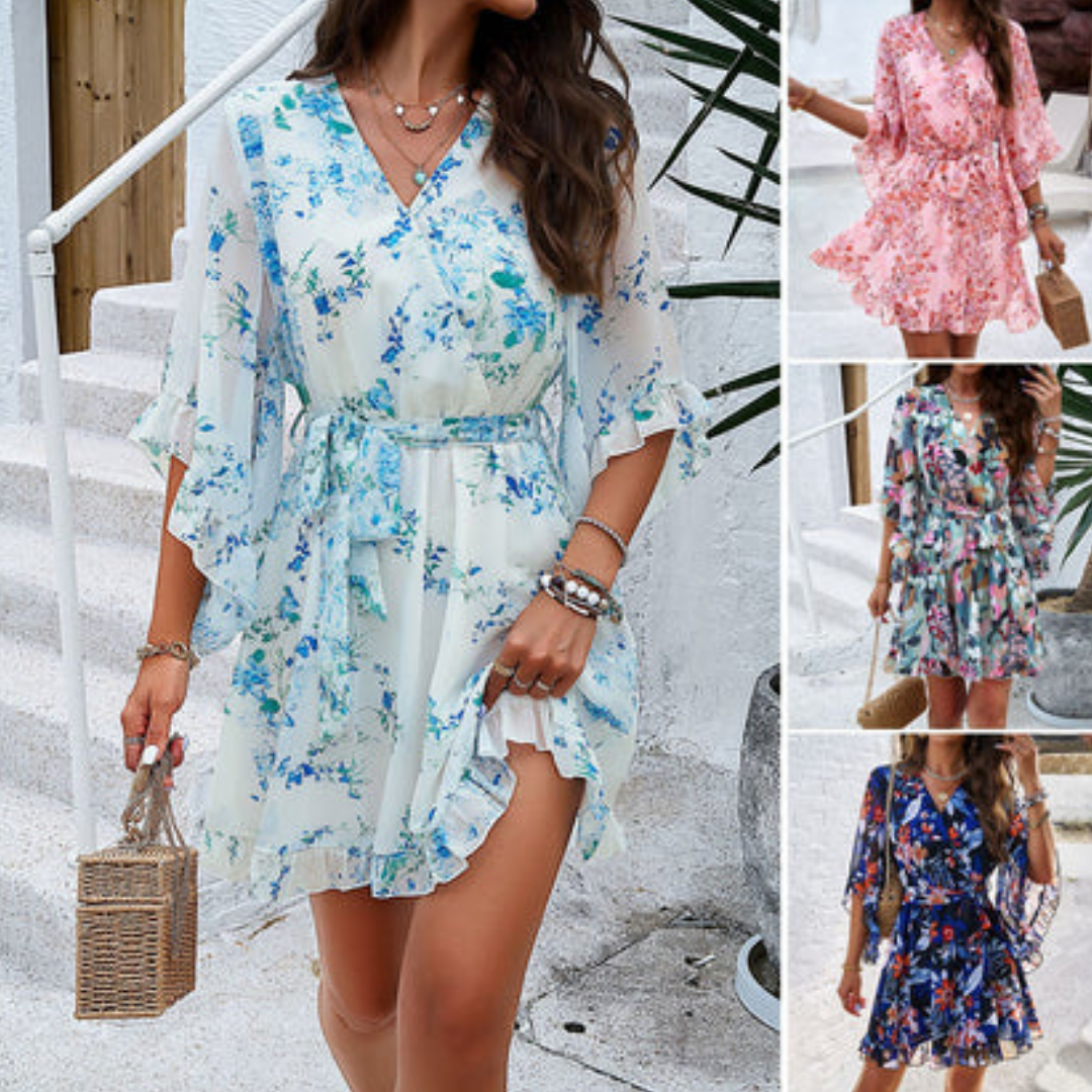 Robe d'été fleurie pour femme, manches courtes, ceinture à la taille, motifs floraux bleus, roses et multicolores, style décontracté et élégant.