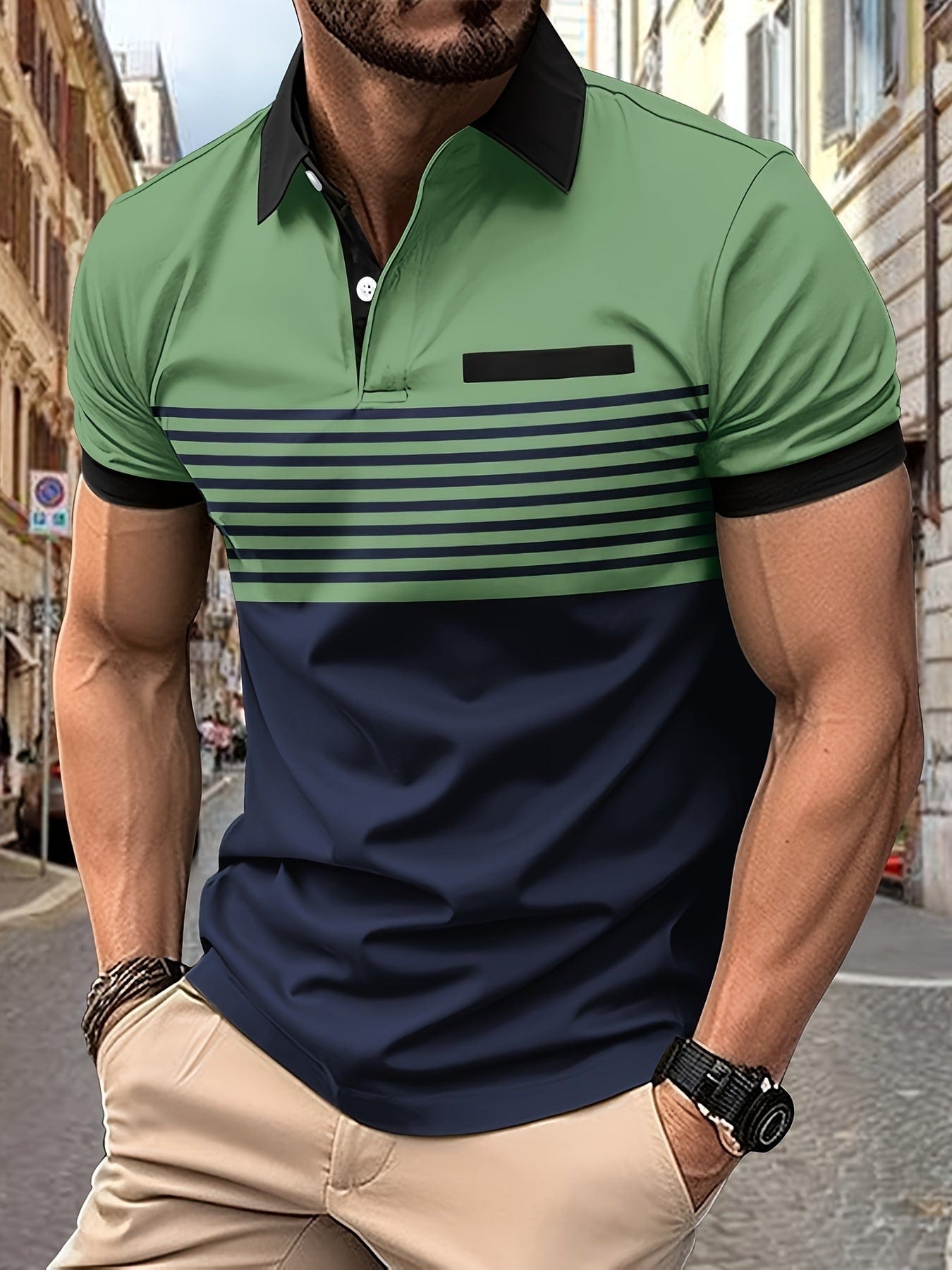 Homme portant un polo vert et bleu à rayures, manches courtes, dans une rue urbaine. Mode masculine, style décontracté, tenue estivale.