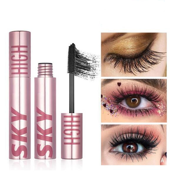 Mascara Sky High rose avec brosse, effets sur cils: doré, paillettes roses, volume intense. Maquillage yeux tendance, longue tenue.
