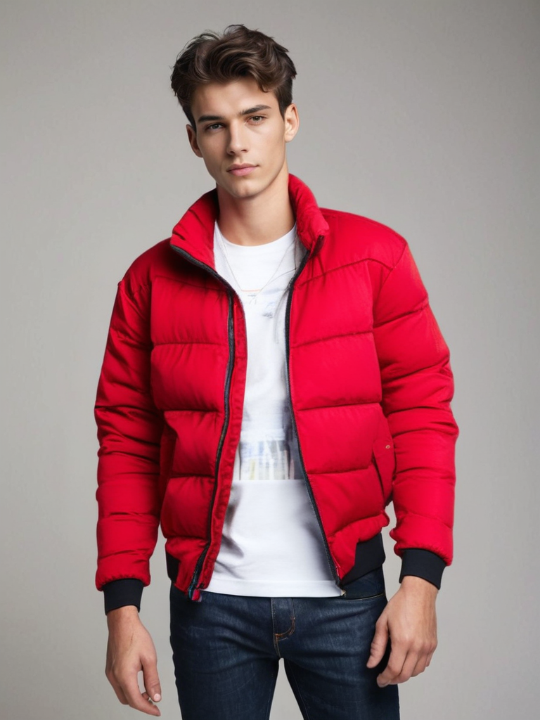 Jeune homme portant une doudoune rouge, t-shirt blanc et jean, posant sur fond neutre. Mode masculine, veste hiver tendance, style décontracté.