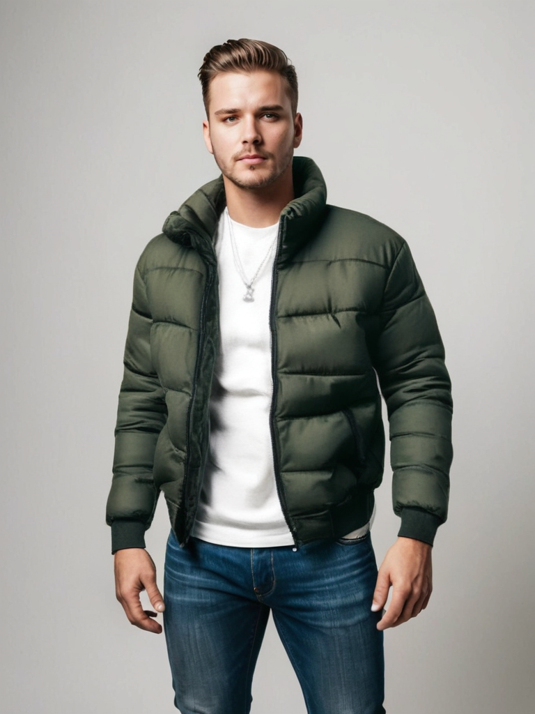 Homme portant une doudoune verte, t-shirt blanc et jean bleu. Mode masculine, veste hiver tendance, style décontracté.