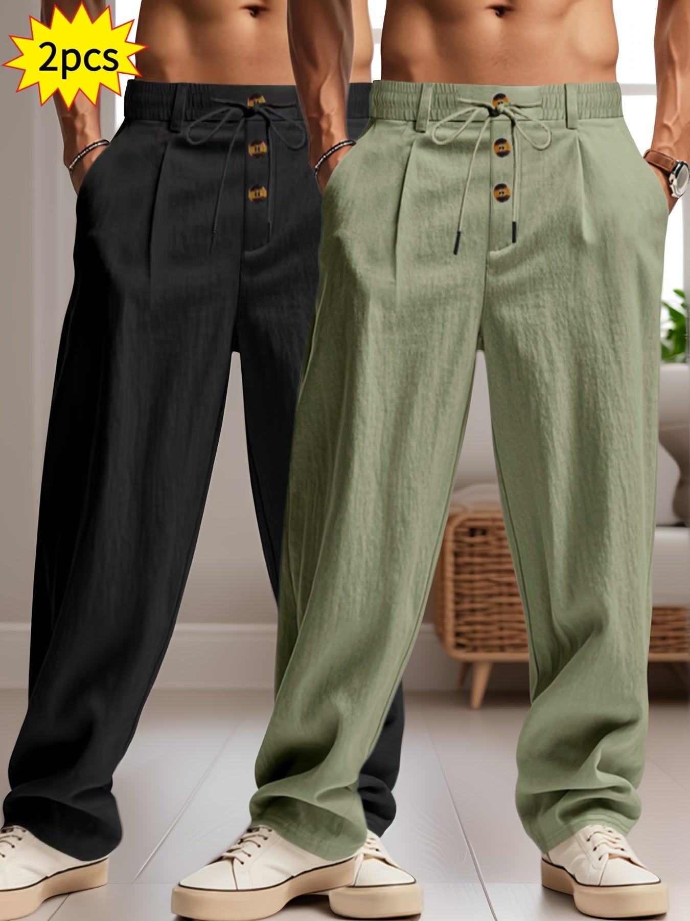 Pantalons larges en lin pour hommes, noir et vert, avec cordon de serrage et boutons en bois, style décontracté, lot de 2 pièces, mode tendance.