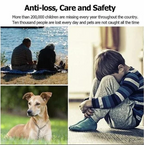 Enfant triste assis seul, chien attentif, couple âgé au bord de l'eau; sensibilisation à la sécurité et prévention des disparitions.