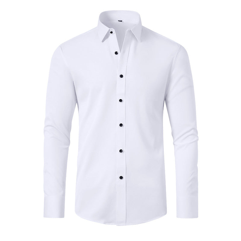 Chemise blanche élégante pour homme avec boutons noirs, manches longues, col classique. Mode masculine, vêtement formel, style moderne.