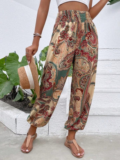 Pantalones harén para mujer - Estampado de elefante bohemio - Corte holgado - Cintura y puños elásticos