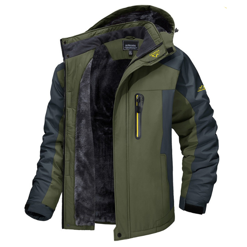 Veste d'hiver imperméable verte et grise pour homme, doublure en polaire, capuche amovible, poche zippée, idéale pour activités extérieures.
