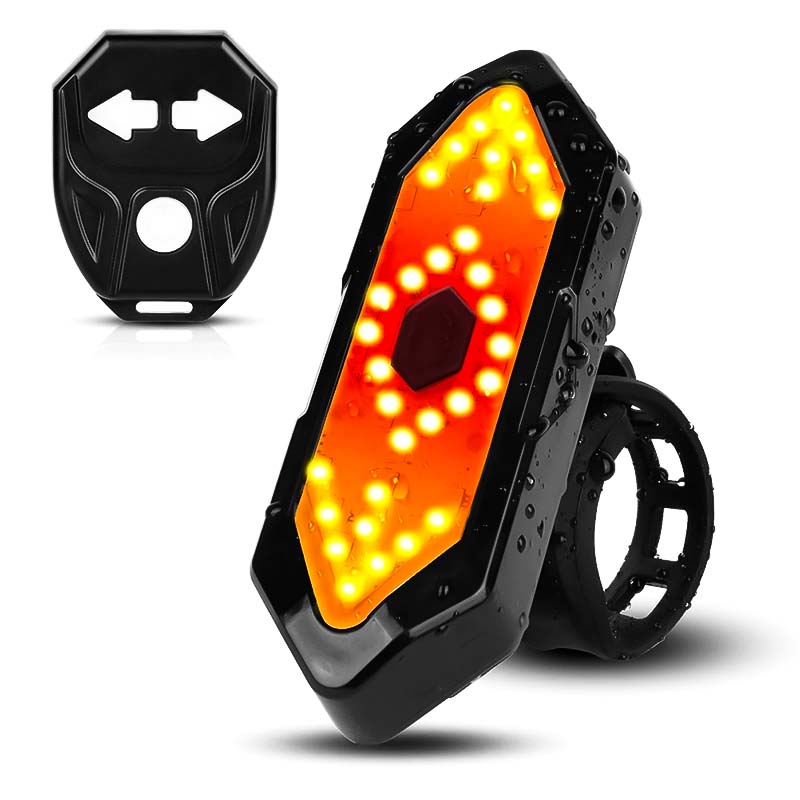 Feu arrière de vélo LED étanche avec télécommande, clignotants orange, sécurité cycliste, accessoires vélo, visibilité nocturne améliorée.